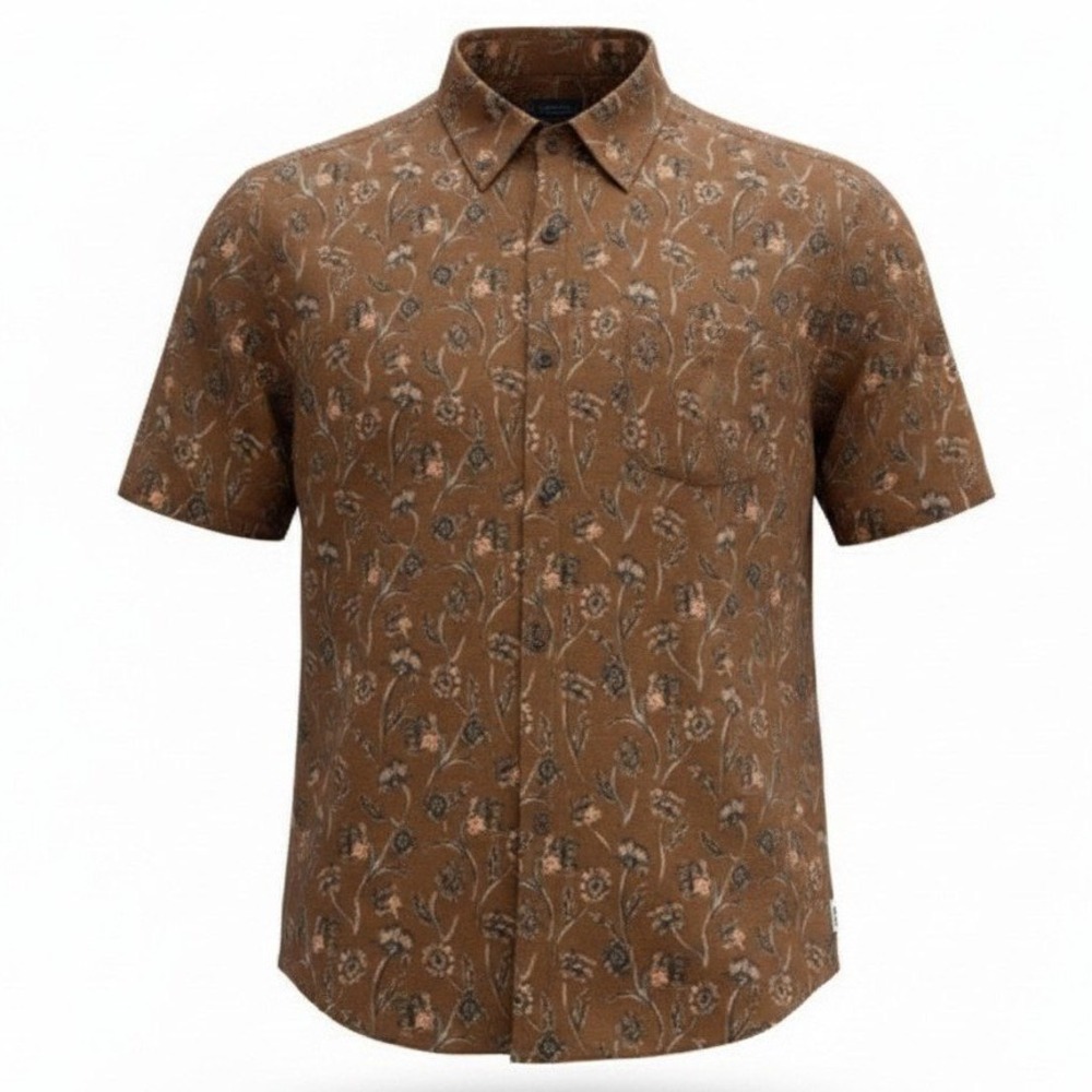ROWM Rec+Relax Shirt Mens XLT Brown Floral Short Sleeve Stretch Button Down